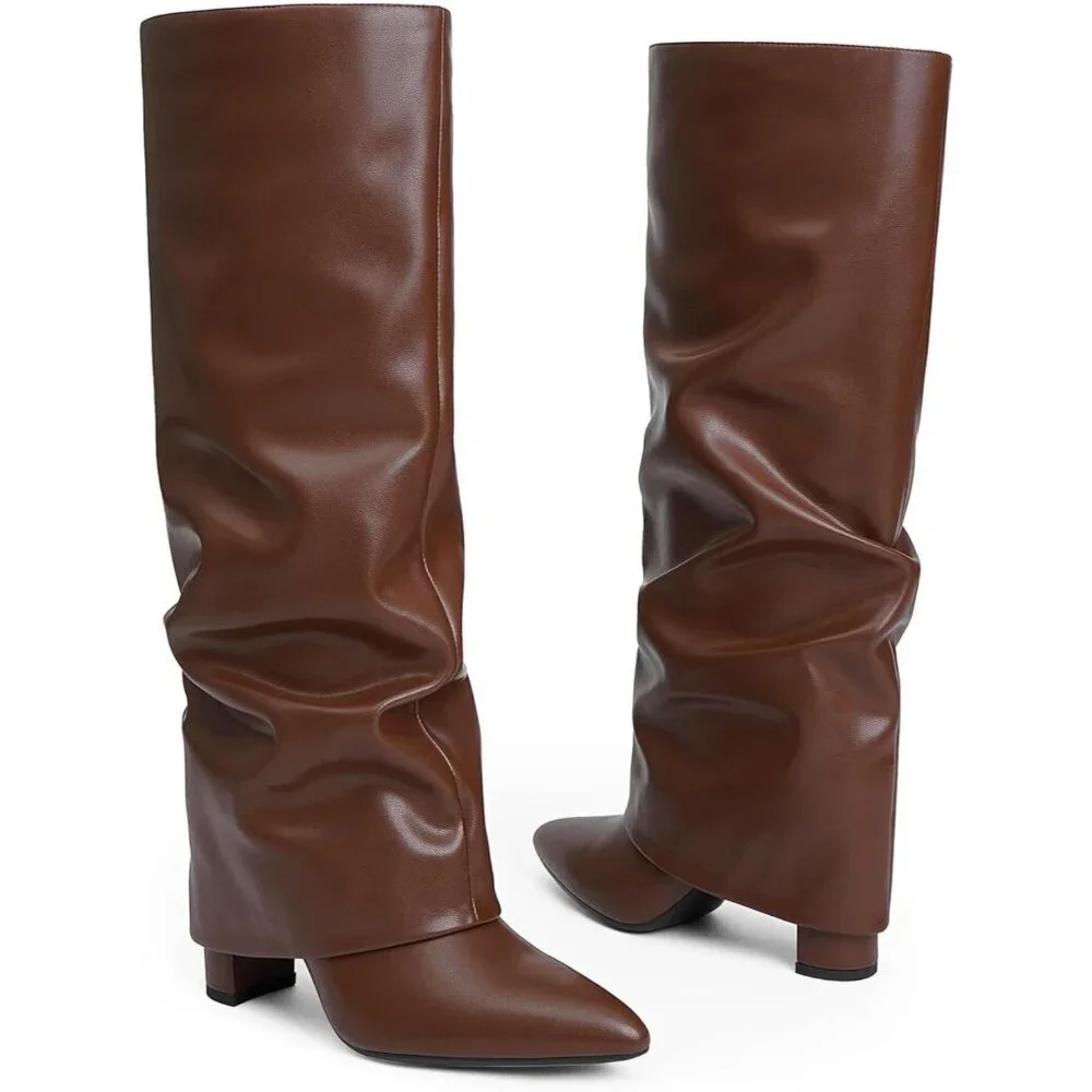 Women Brown Slouchy Faux Leather Fold Over Knee High Chunky High Heels Long Boot